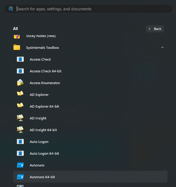 Sysinternals Toolbox Start Menu example – Windows Start menu integration